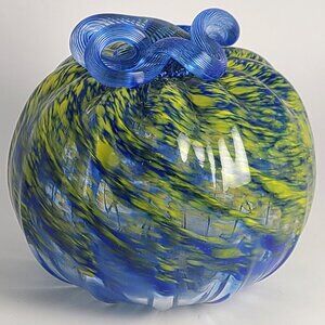 John Fenton Art Glass Pumpkin Blue Yellow Frit Appears Greenish 2014 4 1/2" Dm